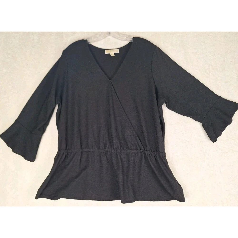 Michael Kors Women’s 1X Top Black Crepe V Neck Surplice Elastic Waist Bell 3/4